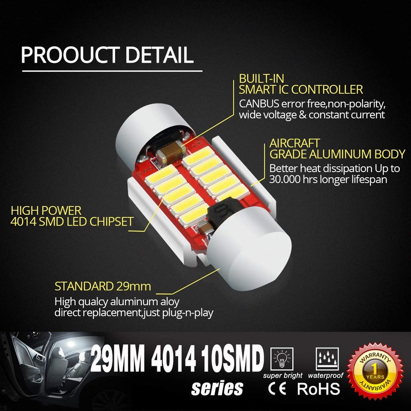 Alla Lighting DE3021 DE3175 LED Bulbs Super Bright 4014 10-SMD 28mm 29mm 12V LED DE3022 6428 Bulbs for Festoon Interior Map, Dome,Trunk, Door Lights, 6000K Xenon White - Image 5